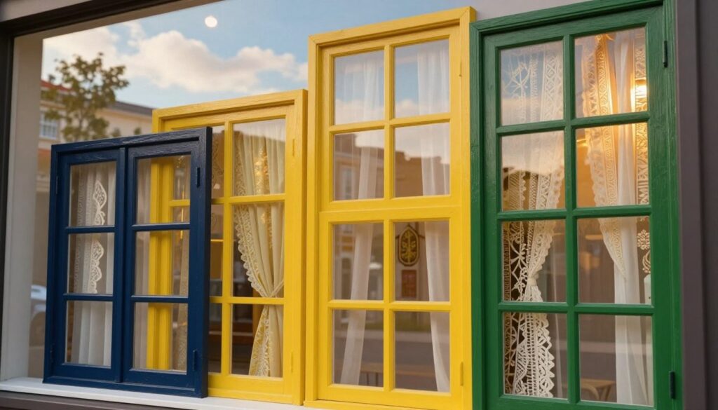 A beautiful display of window designs showcasing various color combinations for windows. In the foreground, there are several window frames painted in vibrant colors like deep navy blue, sunny yellow, and rich forest green, arranged artistically. In the middle ground, there are partially opened windows revealing stylish curtains and delicate decorative elements. The background features a serene urban landscape with trees and soft clouds under a bright blue sky. The lighting is warm and inviting, creating a cozy atmosphere. The angle captures the intricate details of the window designs, emphasizing the harmony of colors. The overall mood is cheerful and inspiring, perfect for illustrating the theme of window color combinations.