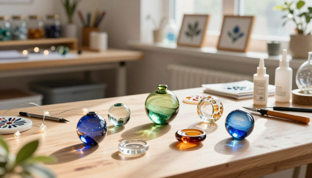 A beautifully arranged DIY workspace showcasing a variety of ornamental glass pieces. In the foreground, several colorful, uniquely shaped pieces of ornament glass are displayed, glimmering in the soft light, with reflections creating a mesmerizing effect. In the middle ground, a wooden table features crafting tools like a glass cutter, glue, and decorative elements like string lights and floral patterns. The background is softly blurred, revealing a cozy workspace filled with shelves holding jars of glass beads and completed DIY projects. The overall setting is bright and inviting, with natural light streaming in from a window, casting gentle shadows. The mood is creative and inspiring, perfect for an artistic DIY atmosphere.