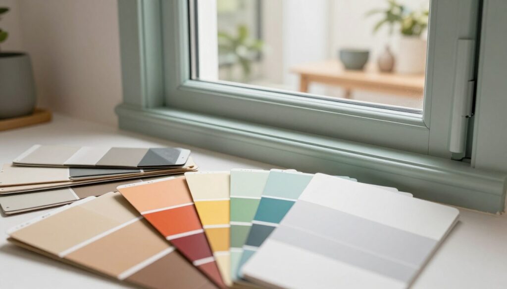 A beautifully arranged display of various window color samples, showcasing a wide spectrum of hues and textures. In the foreground, several paint swatches in different shades, including earthy tones, vibrant colors, and classic whites and grays, are neatly fanned out. The middle ground features a modern window frame, painted in a stylish color, surrounded by a serene indoor setting that includes soft lighting filtering through. In the background, a blurred view of a cozy home interior with complementary decor. The overall atmosphere is inviting and informative, conveying a sense of calm and inspiration for choosing the perfect window color. The scene is well-lit, capturing the vibrancy of the colors with a slightly elevated angle for a better perspective.