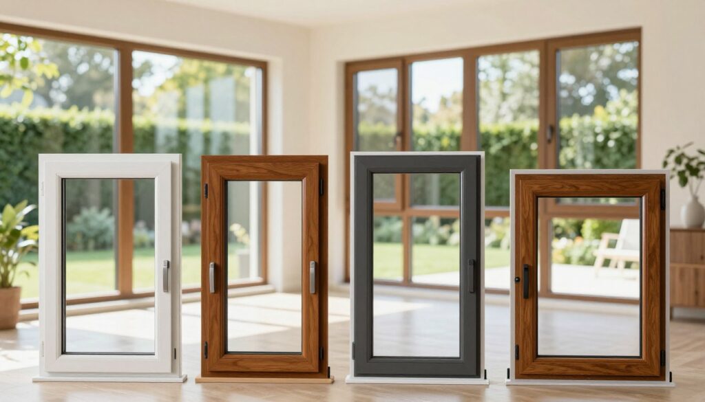 A beautifully arranged display of various window styles and materials, showcasing modern, energy-efficient window options for homes. In the foreground, focus on a selection of double-glazed windows with elegant frames, highlighting different colors and textures such as wood, aluminum, and uPVC. The middle ground features a well-lit and inviting room setting that demonstrates how the chosen windows enhance both aesthetics and natural light. In the background, a calm, sunny outdoor scene reveals a well-maintained garden visible through the windows, symbolizing the benefits of enhanced views and energy efficiency. The lighting is bright and cheerful, emphasizing a clean, professional atmosphere, with soft shadows accentuating the windows. No people are present in the scene.