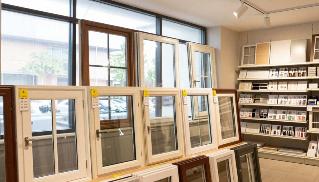 A beautifully arranged display of various window styles and prices, showcasing modern and classic designs in a well-lit home improvement store. In the foreground, elegant double-hung and sliding windows are featured, each tag highlighting affordable price options. The middle ground captures large glass panels and decorative window frames, reflecting the natural light filtering in through the store's expansive windows. In the background, shelving is filled with window samples and brochures, providing a sense of depth to the scene. The atmosphere is inviting and informative, emphasizing a customer's exploration of cost-effective options for their window purchase. The lighting is bright and warm, creating a welcoming ambiance for potential buyers.