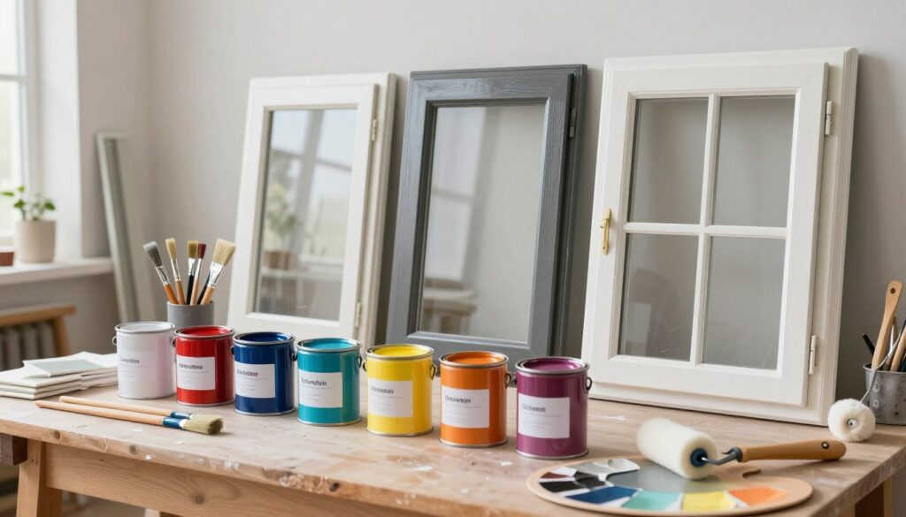 A beautifully arranged display of window painting materials set on a workbench. In the foreground, showcase a variety of paint cans in vibrant colors, each labeled with their respective shades, along with brushes and rollers. The middle ground features open windows with freshly painted frames, highlighting different color finishes and textures, showcasing both glossy and matte options. The background suggests a well-lit workshop with soft, natural light illuminating the scene. Wooden tools and paint palettes add a touch of authenticity, while the atmosphere conveys a sense of creativity and craftsmanship. The composition should feel inviting, professional, and inspiring for anyone interested in window painting and color selection.