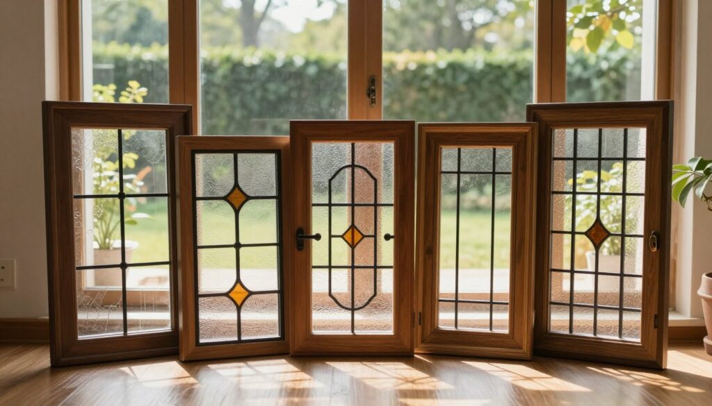A beautifully crafted set of custom windows, showcasing a variety of unique designs and materials, prominently displayed in the foreground. The windows exhibit detailed textures of wood, metal, and glass, reflecting high craftsmanship and attention to detail. The middle ground features a cozy interior space, with sunlight streaming in through the windows, casting gentle shadows on the wooden floor. In the background, a serene garden can be seen through the window panes, adding a touch of nature to the scene. The lighting is warm and inviting, creating a peaceful atmosphere. Utilize a soft focus lens to enhance the textures of the windows while keeping the background slightly blurred, emphasizing the elegance and individuality of the custom designs.