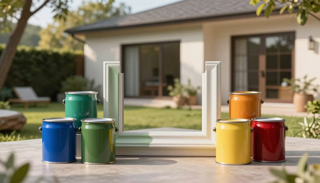 A beautifully curated display of various window paints arranged artistically against a backdrop of a serene, modern home setting. In the foreground, several paint cans in different colors — vibrant blues, earthy greens, warm yellows, and deep reds — are artistically positioned on a well-designed outdoor patio. The middle layer features an elegant window frame showcasing a fresh coat of one of the window paints, meticulously capturing the texture and sheen. In the background, a soft-focus modern house with large windows, surrounded by lush greenery and gentle sunlight filtering through the trees, conveys a welcoming atmosphere. The lighting is warm and natural, enhancing the color vibrancy, and the angle is slightly tilted to create depth, allowing the viewer to feel as if they are stepping into a stylish home environment.