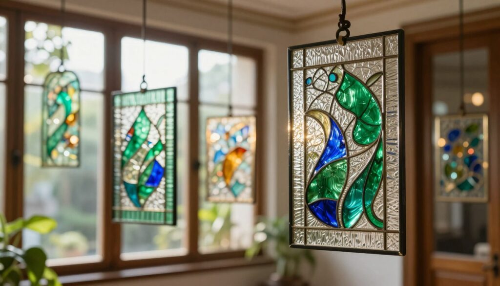 A beautifully designed collection of ornamental glass panels showcasing intricate patterns and textures. In the foreground, a close-up of a vibrant, colorful ornament glass with swirling designs that catch the light, showcasing translucent colors like emerald green and sapphire blue. In the middle ground, various panels hung in a sunlit room, softly illuminating the space with colorful reflections. The background features a blurred view of a classic architectural interior with elegant wooden frames and lush greenery visible through the glass. Soft, diffused natural light streams in, creating a warm atmosphere that enhances the beauty of the ornament glass. The overall mood is serene and artistic, inviting viewers to appreciate the craftsmanship and applications of ornamental glass in interior design.