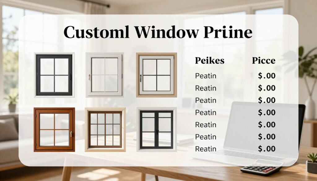 A beautifully designed custom window showcasing detailed pricing information in an elegant, organized manner. In the foreground, the graphic displays a collection of stylish window designs emphasizing various customizable features, like frame colors, styles, and glass types. The middle ground features a simple, modern workspace with tools like a calculator and laptop, subtly hinting at the calculation of costs. The background reveals a warm, inviting home setting with natural light streaming through the windows, casting soft shadows. The atmosphere is professional yet approachable, using soft lighting to create a sense of comfort and inspiration while retaining a clean aesthetic. The overall composition should evoke a mood of thoughtful decision-making in designing tailor-made windows for a home.