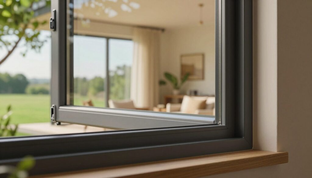A beautifully designed, energy-efficient window, showcasing modern glazing technology. The foreground features the window's sleek frame with a reflective surface, emphasizing the clarity and thermal insulation. In the middle ground, depict a cozy home interior with soft, natural light streaming through the glass, highlighting a warm and inviting atmosphere. The background shows a vibrant green landscape outside, with trees gently swaying in the breeze, symbolizing sustainability and energy conservation. The lighting is soft and warm, creating a tranquil mood. The camera angle is slightly tilted upward, drawing attention to the window’s functionality and stylish design. The overall ambiance conveys high-quality craftsmanship and innovation in energy-efficient home solutions.