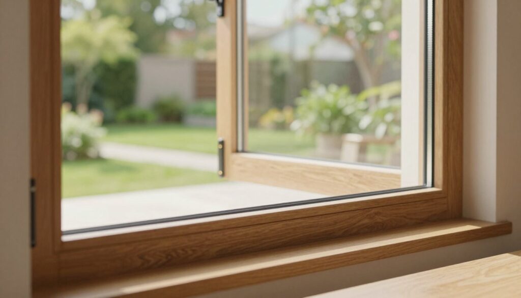 A beautifully designed modern window installation showcasing energy-efficient glass and sleek frames. In the foreground, focus on the intricate details of the window frame with a warm wooden texture, and clear glass reflecting soft sunlight, illustrating the importance of quality materials. The middle ground features a cozy room interior, gently illuminated by natural light filtering through the window, enhancing the atmosphere of comfort and efficiency. In the background, display a lush green garden or a tranquil suburban scene, symbolizing energy savings and environmental consciousness. Aim for a bright, inviting mood, captured with a slightly elevated angle to emphasize the window's functionality and aesthetic appeal. Use soft lighting to create a harmonious and serene atmosphere. No people should be present in the image.