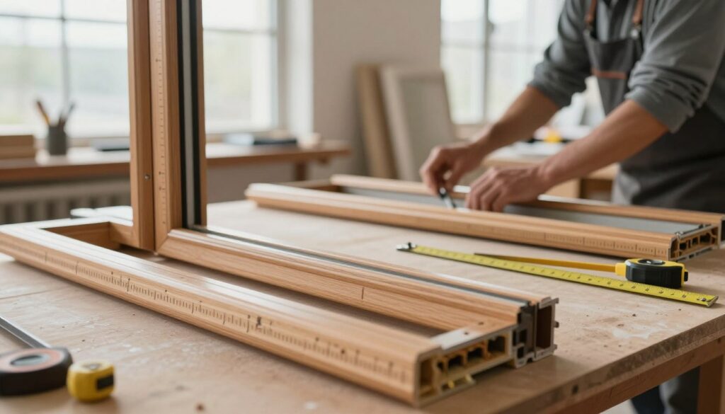 A beautifully detailed close-up of a custom window design process in a bright, airy workshop. In the foreground, meticulously crafted wooden window frames with intricate designs and measurements marked, emphasizing precision in custom manufacturing. In the middle ground, a skilled artisan is arranging the frames, showcasing their craftsmanship, with tools like rulers and measuring tapes scattered around. The background features large windows allowing natural light to flood the space, enhancing the warm, inviting atmosphere. The lighting is soft and diffused, creating a professional and inspiring mood, while showcasing the textures of wood and finishing materials. This image should evoke a sense of quality and professionalism associated with bespoke window solutions.