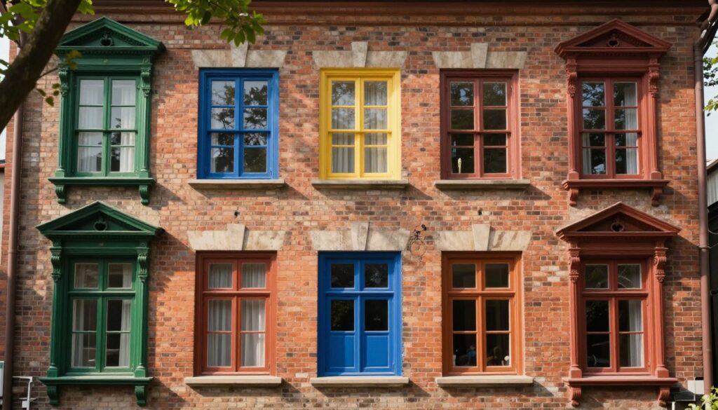 A beautifully detailed window design, showcasing a collection of historically significant window colors from various architectural styles. In the foreground, ornate wooden window frames painted in rich historical hues of deep green, royal blue, and warm terracotta are featured. The middle ground presents an elegant brick facade of an old building, highlighting the aesthetic differences in window colors over time. In the background, soft diffused sunlight filters through the trees, casting gentle shadows and creating a warm, inviting atmosphere. The scene is captured with a slightly elevated angle to emphasize the unique characteristics of each window, evoking a sense of nostalgia and appreciation for historical architecture. Natural elements and a serene ambiance enhance the clarity and beauty of this image.