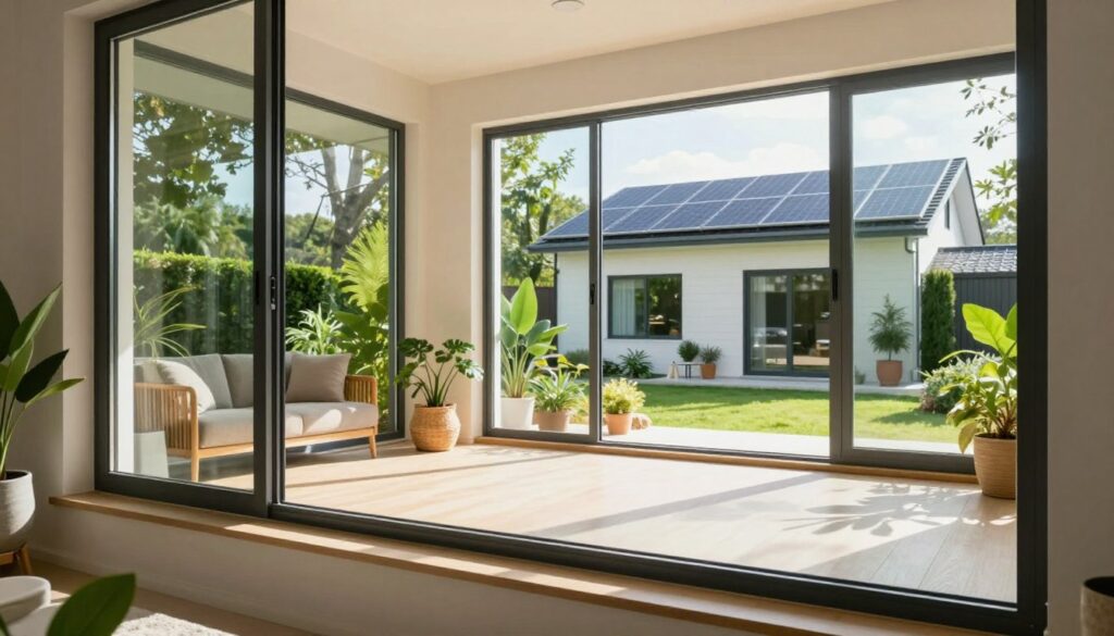 A bright and energy-efficient home interior featuring large, double-glazed windows showcasing various types of sustainable glass solutions. The foreground displays a close-up of energy-efficient window glass with a reflective surface, highlighting the insulating properties. In the middle ground, a spacious living room bathed in natural light reveals eco-friendly décor and houseplants, emphasizing sustainability. The background features an exterior view of a modern home with solar panels on the roof and green landscaping that harmonizes with the environment. Soft, diffused sunlight streams through the windows, creating a warm, inviting atmosphere. The overall mood is one of comfort, modernity, and environmental consciousness, inviting viewers to envision a sustainable lifestyle. No people are present in the scene.