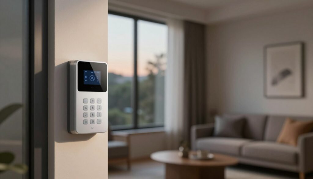 A close-up image of a modern window fitted with a sophisticated alarm system, showcasing various security features like motion sensors and an electronic keypad. The foreground highlights the sleek design of the alarm on the window frame, emphasizing its advanced technology. In the middle ground, include a partially open window revealing an outside view with soft evening light filtering through, casting gentle shadows inside the room. The background should feature a blurred interior of a cozy living room with muted colors to convey a sense of safety and serenity. Use soft, warm lighting to create a calm atmosphere, enhancing the feeling of protection a solid security system brings. No people are present in the image.