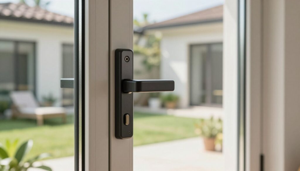 A close-up image of a secure window showcasing advanced burglary protection features. In the foreground, prominently display a high-tech window lock and reinforced glass, emphasizing their robust design. The middle ground includes a stylish, modern window frame integrated into a contemporary home, highlighting the aesthetic appeal of security. In the background, a soft-focus view of an exterior garden, bathed in natural sunlight, to evoke a sense of safety and tranquility. The lighting should be bright yet soft, simulating a peaceful daytime environment. The overall mood should convey reassurance and confidence in home security solutions, reinforcing the importance of window security without including any human figures.