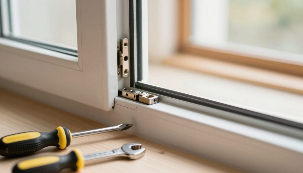 A close-up of a partially opened window showcasing a detailed view of the adjustment mechanism and hinges. The foreground features tools like a screwdriver and a wrench placed neatly next to the window. The middle ground displays the windowframe with precise alignments illustrated, demonstrating how to adjust it properly. The background includes a softly lit room with natural light filtering through the window, illuminating the scene with a warm ambiance. The setting evokes a sense of clarity and focus, emphasizing the intricate process of window adjusting. Use bright yet soft lighting to highlight the textures of the wood and metal components, captured from a slightly elevated angle to provide depth and context.