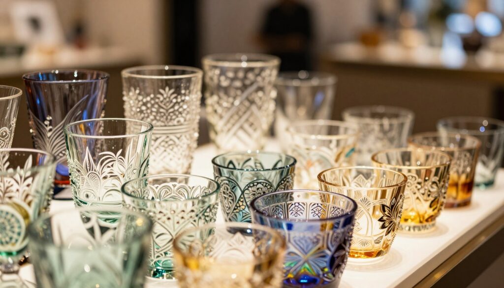 A close-up of high-quality ornament glass in various intricate patterns, highlighting its textures and colors. The foreground features beautifully patterned glass pieces, reflecting light with rainbow hues and showcasing delicate designs of floral and geometric motifs. In the middle ground, a softly glowing display allows the glass to shine, emphasizing its craftsmanship. The background is softly blurred, hinting at a stylish boutique setting with warm, ambient lighting, enhancing the luxurious feel of the scene. The atmosphere is elegant and inviting, evoking a sense of sophistication and artistry. Use a shallow depth of field to focus on the glass details, with soft, natural lighting to bring out the richness of the materials.