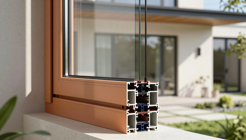 A close-up view of Aluplast window profiles showcasing energy-efficient design and modern aesthetics. In the foreground, vibrant, insulated window frames with sleek profiles display a range of colors, emphasizing their cutting-edge technology. The middle ground features an elegant, partially open window revealing a bright, sunny exterior, symbolizing natural light and warmth. The background consists of a contemporary home with beautifully landscaped surroundings, highlighting the integration of these profiles in modern architecture. Soft, natural lighting enhances the overall scene, casting gentle shadows that accentuate the window's features. The atmosphere conveys a sense of functionality and harmony with nature, perfect for illustrating innovative energy-saving solutions.