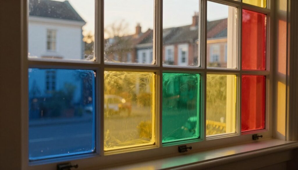 A close-up view of a beautifully crafted window showcasing an array of vibrant window colors, arranged artistically along the window frame. The foreground captures rich hues of blues, greens, yellows, and reds, each displayed in meticulously painted sections, reflecting various styles in home aesthetics. In the middle ground, a soft, warm glow from sunlight streams in, casting delicate shadows that enhance the texture of the paint. The background features a blurred view of a charming, historic neighborhood bathed in golden evening light, creating a cozy ambiance. The overall mood is inviting and inspiring, evoking a sense of home and comfort, perfect for illustrating the significance of window colors in enhancing a living space.