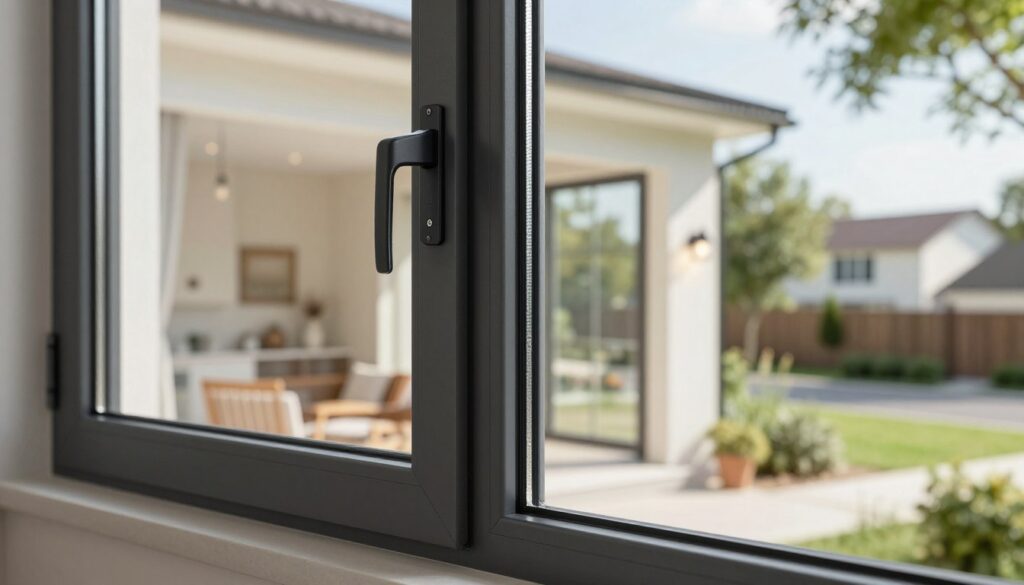 A close-up view of a modern window designed for home security, showcasing advanced locking mechanisms and reinforced glass. In the foreground, highlight the window frame with intricate details of the security features, such as an anti-shatter film and multi-point locks. In the middle ground, display a well-lit room interior, designed for comfort and safety, emphasizing the importance of secure windows in home protection. The background should feature a serene outdoor environment, depicting a peaceful neighborhood to contrast the security aspects. Use soft, natural lighting to evoke a sense of safety and tranquility, with the focus angle slightly tilted to create a dynamic perspective on the robust window features. The atmosphere should feel secure yet inviting, illustrating the balance between safety and home aesthetics.