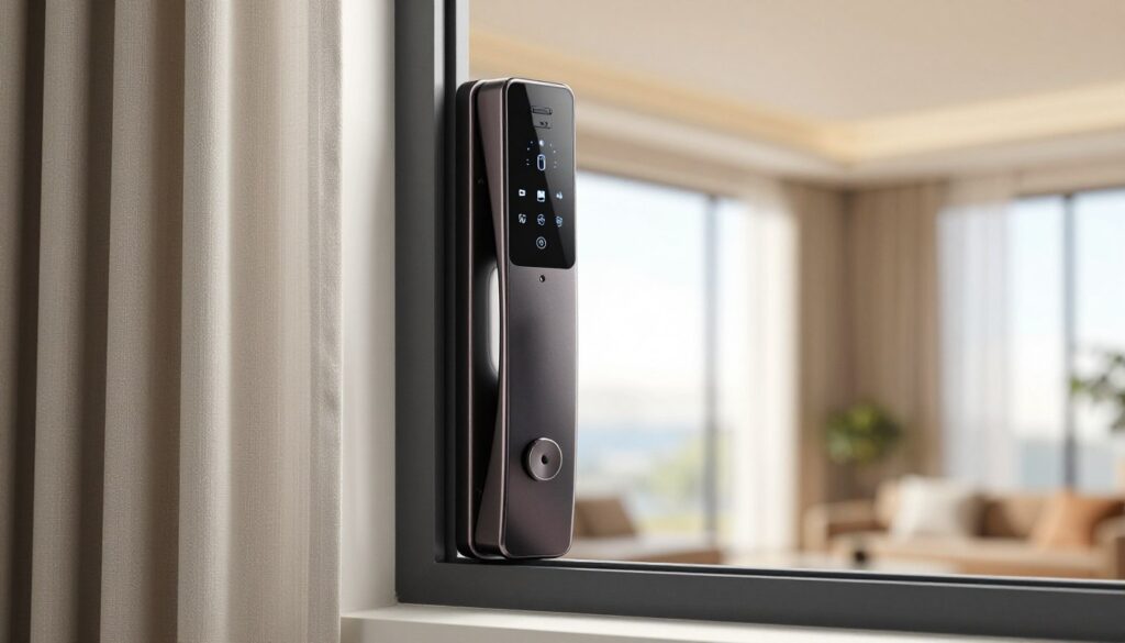 A close-up view of a modern window fitted with advanced electronic security solutions, featuring a sleek digital lock and motion sensors designed for enhanced burglary protection. The scene includes a stylish window frame with layered curtains partially drawn aside, showcasing the security components. In the background, a well-lit room is visible with soft, natural light filtering through the window, creating a warm and secure atmosphere. The focus is on the innovative technology used in window security, emphasizing a sense of safety and modern living. The overall mood is calm and reassuring, highlighting the blend of functionality and aesthetics. The angle captures the window from slightly below, showcasing the height and security features effectively.