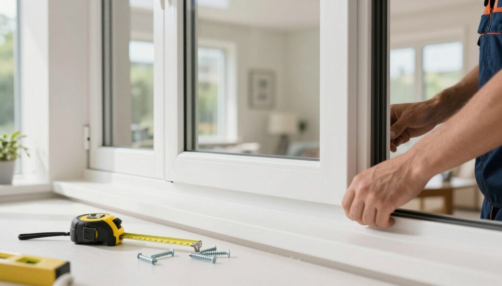 A close-up view of a modern window installation process, showcasing a beautifully crafted window being fitted into a well-designed home façade. In the foreground, tools like a tape measure, level, and screws are neatly arranged, emphasizing the technical nature of window installation. The middle layer captures a skilled craftsman’s hands carefully maneuvering the window into place, demonstrating attention to detail and precision. The background features a well-lit, inviting home interior with natural light pouring through, highlighting the importance of quality windows. The atmosphere is one of professionalism and expertise in renovation, suggesting innovation and energy efficiency associated with KfW funding. The composition should be bright and airy, with soft shadows to create depth, evoking a sense of transformation and improvement in home living space.
