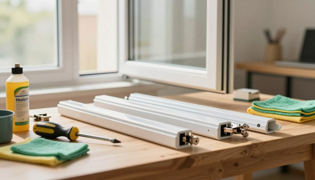 A close-up view of a professional workspace showcasing the regular maintenance of window fittings. In the foreground, a sturdy workbench is laden with various tools, such as a screwdriver, lubricant, and cleaning cloths, alongside several shiny, well-maintained window fittings arranged neatly. The middle ground features an open window with bright natural light streaming in, highlighting the intricate details of the fittings and hinges as they sparkle. In the background, a softly blurred indoor environment, suggesting a tidy home office or workshop, enhances the scene without distraction. The overall atmosphere is one of organization and care, emphasizing the importance of maintenance in home improvement. The lighting is warm and inviting, creating a sense of reassurance and professionalism.