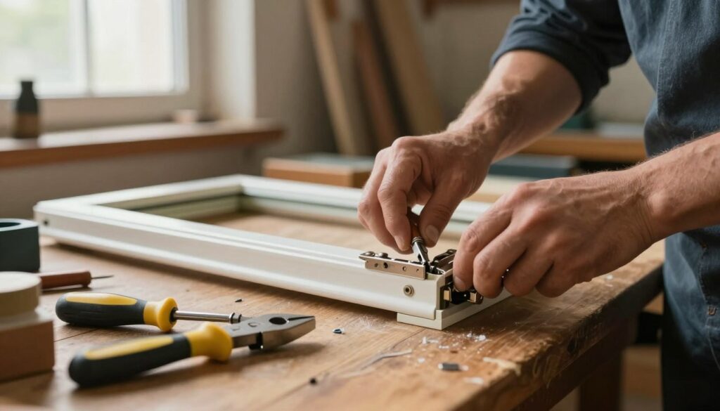 A close-up view of a skilled craftsman's hands carefully repairing window hardware, showcasing detailed components like hinges and locks on a wooden workbench. In the foreground, shining tools such as screwdrivers and pliers are strategically placed, highlighting the precision required for this task. The middle of the scene features a partially disassembled window frame, emphasizing the intricate mechanisms involved in the repair. The background is softly blurred, depicting a workshop filled with natural light streaming through a nearby window, creating a warm and inviting atmosphere. The mood should convey professionalism, focus, and craftsmanship, with a slight sense of nostalgia evoked by the rustic workshop setting.