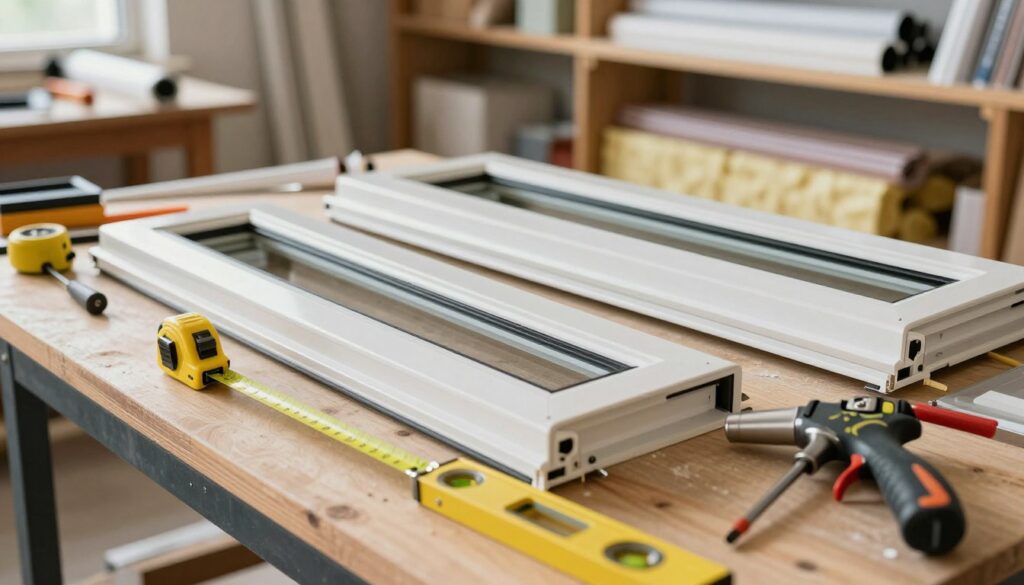 A close-up view of a well-lit workshop environment focused on the process of window installation, featuring several essential tools and materials laid out neatly on a sturdy workbench. In the foreground, a high-quality window frame is positioned alongside a variety of tools such as a measuring tape, level, screwdriver, and caulking gun. The middle ground showcases partially assembled window components, emphasizing the precision required for installation. The background includes shelves stocked with additional materials like insulation and sealing strips. The lighting is bright and natural, highlighting the textures of the wood and metal, creating an atmosphere of professionalism and focus. The overall mood should convey preparedness and efficiency in the window installation process.
