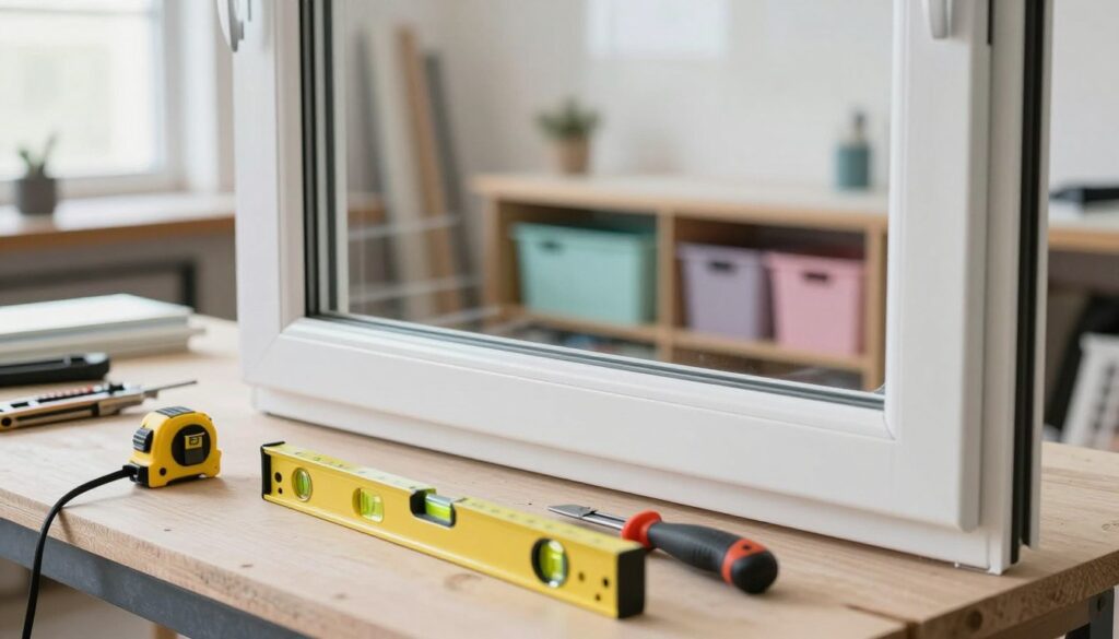 A close-up view of a window renovation scene, featuring a half-disassembled window frame on a well-lit workbench. In the foreground, tools like a measuring tape, a level, and a utility knife are meticulously arranged next to the window frame. The middle ground showcases the window framework with fresh paint on one side, while the background displays a neatly organized workshop with pastel-colored storage bins and a large window letting in soft, natural light. The atmosphere is that of a professional workshop, evoking a sense of preparation and focus. The lighting is bright and clear, offering a realistic view of the materials and tools involved in window installation, emphasizing their importance for a successful renovation project.