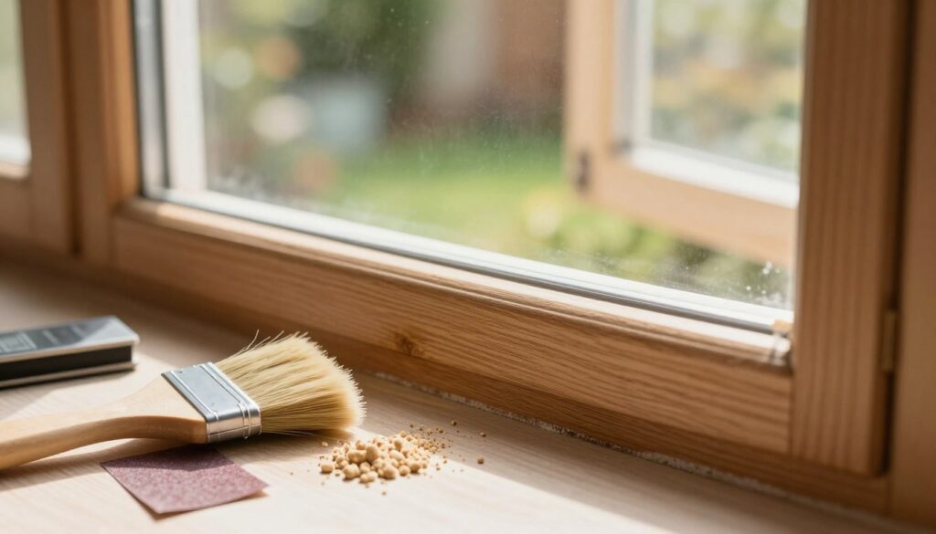 A close-up view of a wooden window frame being carefully repaired and maintained. In the foreground, tools like a brush, wood filler, and sandpaper are neatly arranged next to the frame, showcasing detailed textures of the wood grain. The middle ground features a partially restored window frame, highlighting areas being cleaned and treated with a protective finish. In the background, a softly blurred garden scene can be seen through the window, illuminated by warm, natural sunlight filtering in, creating a serene and inviting atmosphere. The lighting is bright and airy, conveying a sense of cleanliness and care. The overall mood is focused and productive, perfect for illustrating the maintenance of beautiful window frames.