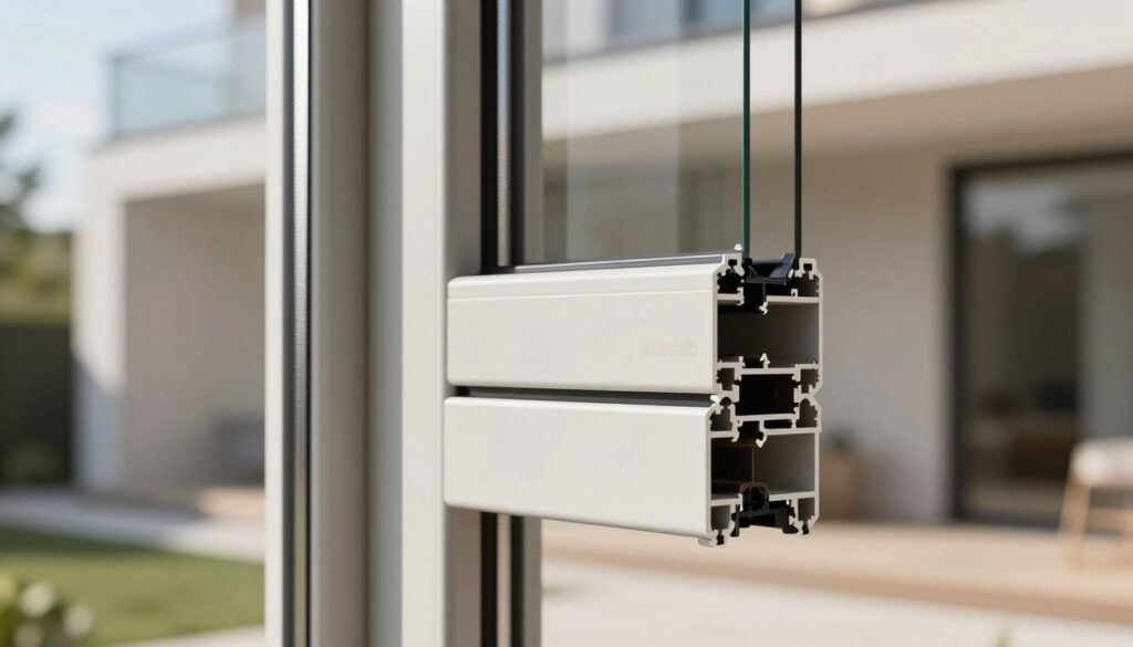A close-up view of an Aluplast window profile, showcasing its modern, sleek design with clean lines and a smooth finish. The profile should be highlighted against a softly blurred backdrop of a contemporary home exterior, emphasizing the product's integration with stylish architecture. Natural sunlight streams in from the left, creating soft shadows that enhance the texture of the window frame. The image should capture the profile at a slight angle to show depth and detail, with a focus on the innovative materials and craftsmanship. The overall atmosphere feels sophisticated and inviting, suggesting energy efficiency and durability while promoting the ideal choice for homeowners seeking quality windows.