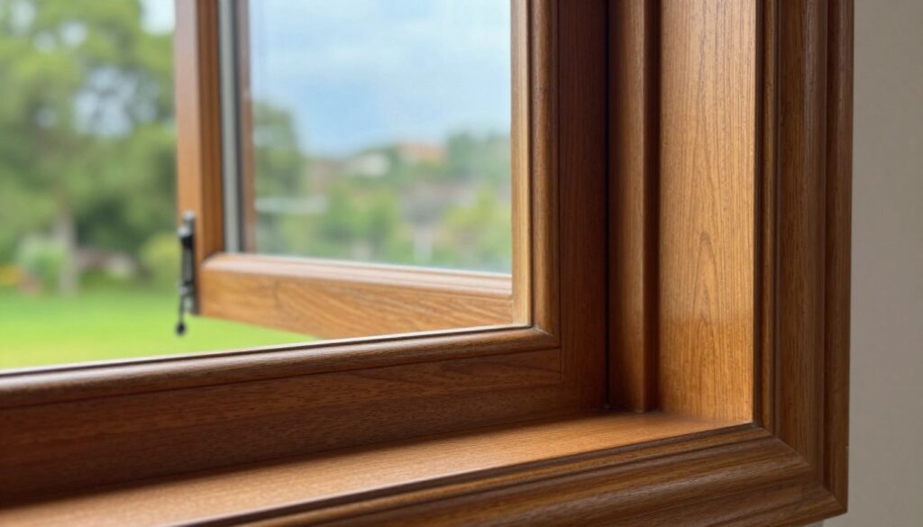 A close-up view of an elegant window frame that showcases its intricate details and craftsmanship. The foreground highlights the smooth finish of the wood grain, with a touch of natural varnish reflecting light subtly. The middle layer features the window itself, emphasizing the double glazing with a high level of transparency, allowing light to flow through. In the background, a soft focus of a harmonious outdoor scene, featuring lush greenery and a bright blue sky, enhances the feeling of warmth and openness. The lighting is soft and natural, evoking a sense of tranquility and inviting ambiance, with a slight angle that draws the viewer's eye to the craftsmanship of the window frame, portraying its durability and aesthetics.