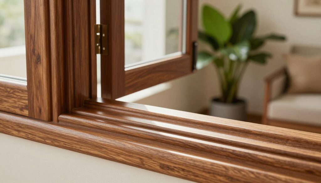 A close-up view of an elegant wooden window frame, showcasing its intricate details and craftsmanship. The foreground highlights the polished texture of the wood, capturing the grains and finish that reflect quality and durability. In the middle ground, the window is open, allowing soft, natural light to filter through, casting gentle shadows that enhance the frame's features. The background features a cozy interior setting, complete with a lush green plant and soft furnishings, creating a harmonious and inviting atmosphere. Aim for a warm color palette to evoke feelings of comfort and stability, representing the value that well-crafted window frames bring to property aesthetics and appreciation. The overall mood should be professional and inviting, suitable for an informative article.