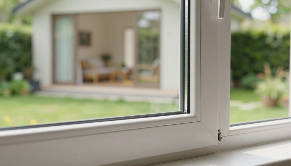 A close-up view of an energy-efficient window with a modern design, showcasing a double-glazing system that reflects sustainability and innovation. The foreground features the window frame made of high-quality materials with a seamless finish, glimmering gently under soft, natural daylight. In the middle ground, a slight depiction of a cozy home interior can be glimpsed through the window, highlighting the comfort and warmth within. The background includes a lush, green garden visible through the glass, conveying a sense of tranquility and connection with nature. The overall mood is inviting and hopeful, representing the benefits of KfW funding for homeowners looking to improve their living environment. The image should have a clear and crisp focus, with light diffusing gently across the scene to enhance the inviting atmosphere.