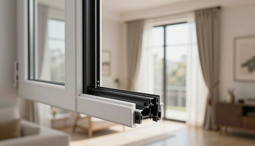 A close-up view of an innovative, barrier-free window frame designed for accessibility, showcasing its sleek, modern design and durable materials. In the foreground, emphasize the smooth edges and thoughtful construction of the frame, highlighting features such as easy-open mechanisms and adaptive hardware. The middle ground reveals a bright, sunlit interior space, with the window frame seamlessly integrated into a contemporary room, framed by elegant curtains and tasteful decor. In the background, soft natural light pours in through the window, creating a warm and inviting atmosphere. Use a soft focus lens to enhance details and give the image a professional, polished look, evoking a sense of comfort and functionality.