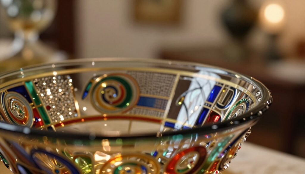 A close-up view of beautiful ornament glass, featuring intricate patterns and textures that shimmer in the light. The foreground displays a piece of glass with a rich, colored design, showcasing swirls and geometric shapes. In the middle ground, soft reflections of light dance across the surface, enhancing the glass's artistic details. The background is softly blurred, hinting at an elegant interior space, with warm, ambient lighting that creates a cozy and inviting atmosphere. The mood is artistic and sophisticated, perfect for showcasing the unique characteristics of ornament glass in a decorative setting. The overall composition highlights the craftsmanship and beauty of the glass without any human presence.