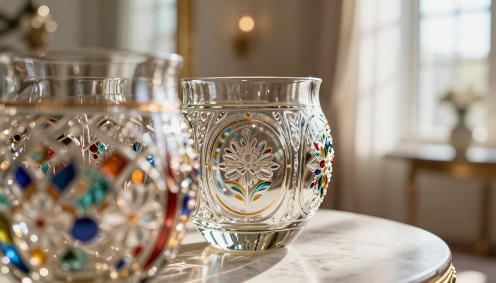 A close-up view of beautifully crafted ornament glass, showcasing intricate designs and textures. In the foreground, the glass features delicate patterns like floral motifs and geometric shapes, reflecting light in vibrant colors. The middle ground highlights the stunning details of the glass surface, with soft highlights revealing its translucent quality. The background is softly blurred, depicting an elegant interior space with warm, inviting lighting that enhances the glass's beauty. The scene is illuminated by natural sunlight streaming through a window, creating a serene and calming atmosphere. The overall mood is one of sophistication and elegance, perfect for showcasing the advantages of ornament glass.