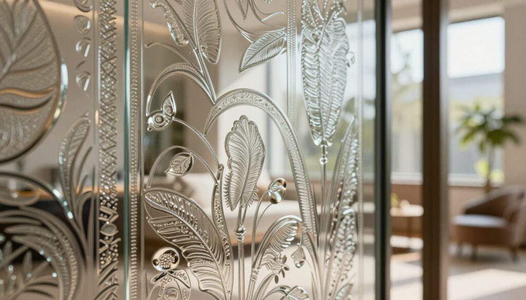 A close-up view of decorative sight protection glass showcasing intricate patterns and textures, emphasizing its use in architectural design. The foreground should feature detailed etchings and embellishments illuminating the glass surface, reflecting light in a play of translucent colors. In the middle ground, a softly blurred indoor setting with natural light streaming through the glass, creating a warm and inviting atmosphere. The background should include hints of stylish furniture and greenery, enhancing the overall aesthetic appeal while ensuring the focus remains on the ornament glass. Use soft, diffused lighting to highlight the clarity and intricacies of the glass. The composition should evoke a sense of elegance and serene modernity.