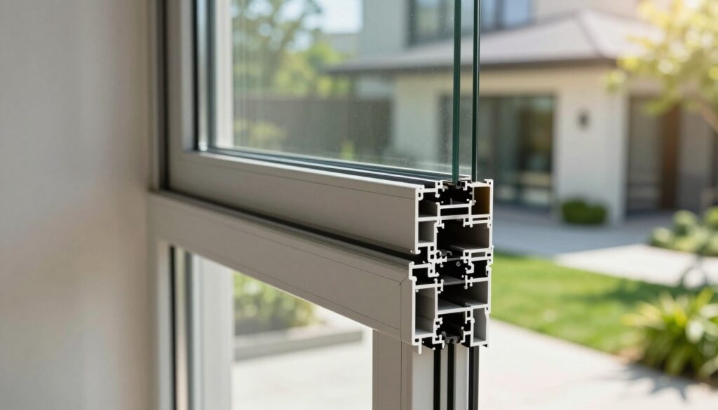 A close-up view of energy-efficient windows, showcasing sleek, high-quality window profiles with multiple layers of insulation. In the foreground, focus on the shiny glass surface reflecting a bright, natural light, emphasizing clarity and thermal efficiency. The middle layer features a detailed cross-section of the window frame, highlighting the advanced insulation materials and design. In the background, depict a modern residential setting with lush green surroundings, symbolizing sustainability. Soft, warm sunlight casts gentle shadows, creating an inviting atmosphere that highlights the importance of insulation. This image illustrates the concept of energy-saving windows with clarity and elegance, ideal for a focused understanding of insulation significance.