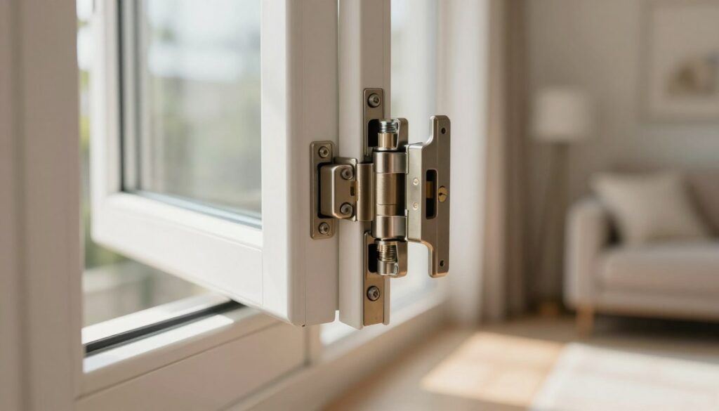 A close-up view of high-quality window security fittings, showcasing various components such as locks, bolts, and hinges crafted from durable metal. The foreground should highlight intricate details, emphasizing robust construction and anti-theft features. In the middle ground, display a partially open window, allowing natural light to flood in, casting soft shadows. The background should be a softly blurred interior of a modern home, suggesting safety and comfort. Use warm, inviting lighting to create a sense of security and reliability, while maintaining a clean, professional aesthetic. The image conveys a feeling of tranquility, reinforcing the importance of choosing top-notch window fittings for home safety.