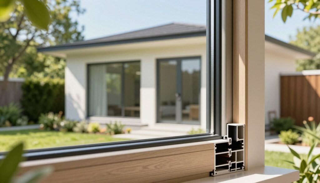 A close-up view of modern energy-efficient window frames showcasing sleek, double-glazed panels with advanced insulation technology. The foreground features a well-designed window frame made of sustainable materials, highlighting its eco-friendly construction. In the middle ground, a contemporary home exterior is visible, demonstrating the window installation as part of an energy-efficient design, surrounded by lush greenery. The background presents a soft-focus of a bright, sunny day, with light streaming through the trees, casting gentle shadows that enhance the vibrant colors of the setting. The atmosphere feels fresh and inviting, conveying a sense of sustainability and modernity. The image captures the beauty and functionality of energy-efficient window frames without any human subjects.