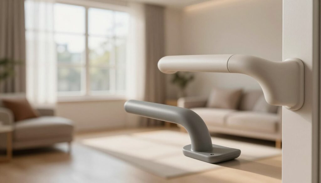 A close-up view of modern, ergonomic window handles designed for barrier-free living, showcasing their sleek and functional design. The foreground features a variety of handles in muted colors like soft gray and light beige, highlighting features that make them accessible for everyone, such as wide grips and intuitive shapes. The middle ground presents a stylish living room setting with large, bright windows allowing natural light to flood in, creating an inviting atmosphere. In the background, soft, neutral-toned walls complement the furniture, enhancing a sense of openness and accessibility. The lighting is warm and inviting, with a focus on the handles that accentuates their practicality and design. The overall mood is one of comfort and inclusivity, perfect for demonstrating accessibility solutions in a residential space.