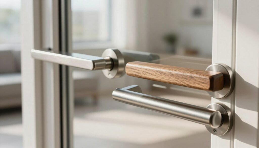 A close-up view of modern window handles displayed against a softly blurred contemporary room interior. The foreground showcases various innovative window handle designs, highlighting sleek lines, ergonomic shapes, and a mix of materials like brushed stainless steel and wood. In the middle, a stylish window frame with clear glass reflects natural light, creating interesting shadows on the surface. The background hints at minimalistic decor with soft, neutral tones, enhancing the focus on the handles. The lighting is bright and inviting, emphasizing the sophistication and functionality of the window handle designs. The overall mood is contemporary and innovative, capturing the essence of current trends in window fittings.