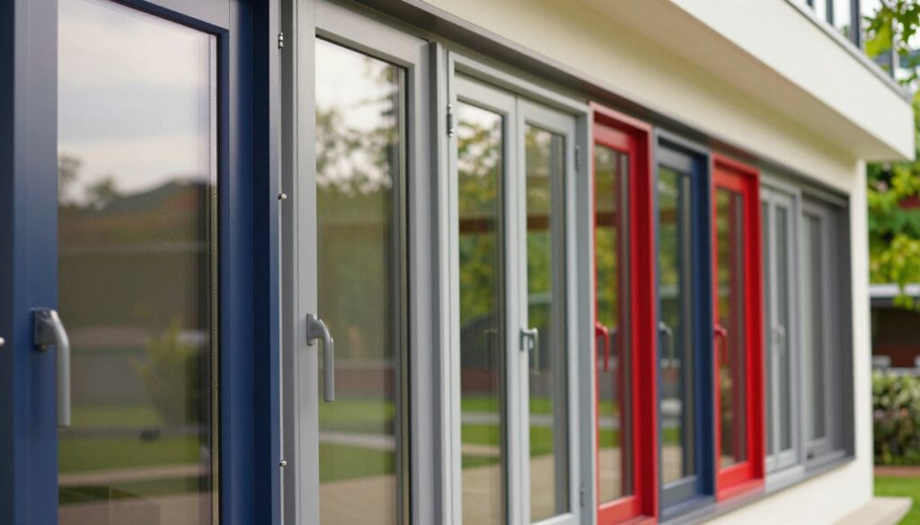 A close-up view of modern windows showcasing a variety of colors and designs, emphasizing sleek frames and innovative glass technology. In the foreground, highlight a stylish window adorned in a deep navy blue with a geometric pattern, reflecting natural light. The middle ground features an array of windows in contrasting shades, including soft gray and vibrant red, showcasing different styles like casement, slider, and fixed windows. The background reveals a contemporary building facade with lush greenery, providing a fresh contrast. Soft, diffused daylight creates a warm and inviting atmosphere, enhancing the colors and textures of the windows. The composition should focus on the harmony between design aesthetics and functionality, emphasizing modern trends in window installations.