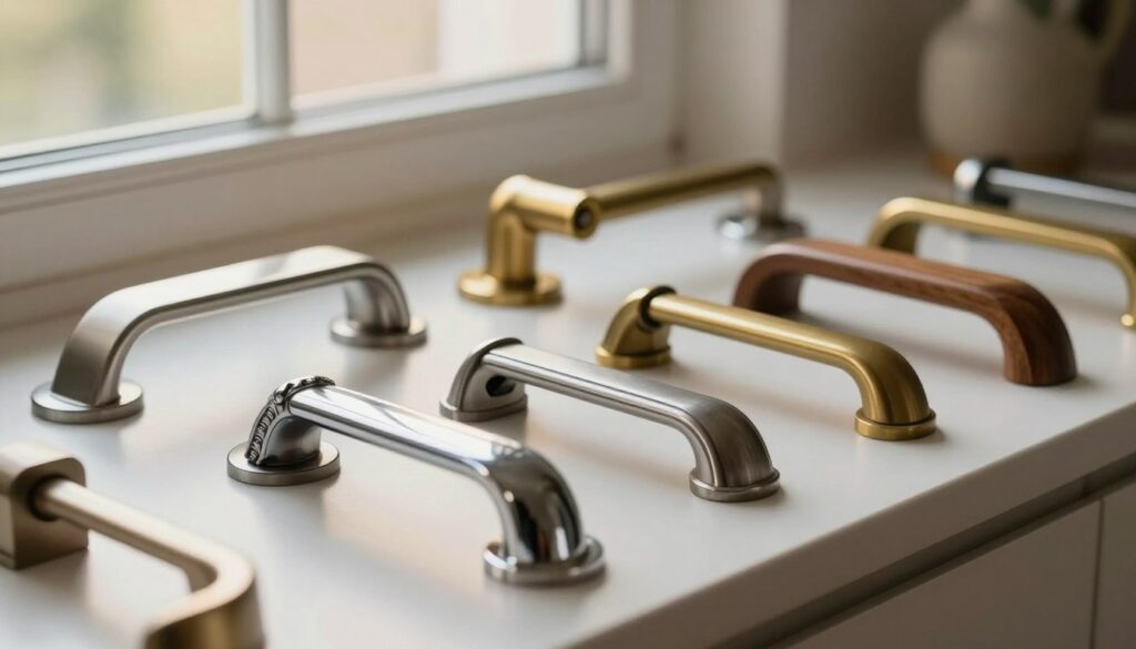 A close-up view of various window handles and fittings arranged on a sleek, modern surface, showcasing an array of designs—from contemporary minimalist styles to traditional ornate motifs. In the foreground, highlight a distinctive chrome window handle with intricate detailing, glinting softly under warm, natural light. In the middle, display additional handles made from different materials such as brushed steel, antique brass, and polished wood, creating a visually appealing contrast. The background should be softly blurred, suggesting a cozy indoor setting with hints of window frames and soft furnishings, evoking a serene atmosphere. The lighting should be soft and inviting, enhancing the textures and finishes of the window fittings.