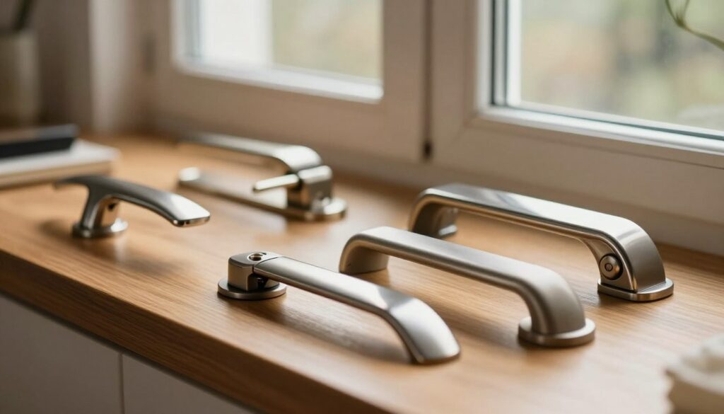 A close-up view of various window handles designed for enhanced security, arranged on a sleek wooden surface. The handles exhibit different styles and materials, including stainless steel, reinforced plastic, and locking mechanisms. In the background, softly blurred, there are elegantly designed windows that emphasize the modern home setting. Warm, natural lighting filters through the glass, casting gentle shadows and creating a cozy yet secure atmosphere. The angle should be slightly tilted to accentuate the details of the window handles while keeping the overall composition balanced and inviting, conveying a sense of safety and reliability.