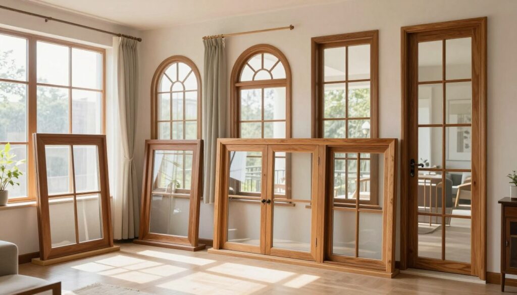 A collection of custom-made windows displayed in a bright, airy room. In the foreground, showcase elegant, modern wooden frames with large panes of clear glass, highlighting their craftsmanship and unique designs. The middle layer features a variety of window styles, including arched and rectangular shapes, adorned with tasteful curtains that complement the aesthetic. In the background, soft sunlight filters through the windows, casting gentle shadows and creating a warm, inviting atmosphere. Use a wide-angle perspective to capture the spacious feeling of the room, while ensuring the focus remains on the exquisite details of the windows. The lighting should be natural, enhancing the textures of the wood and the clarity of the glass, evoking a sense of comfort and personalization in home design.