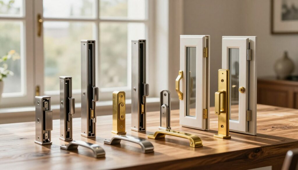 A collection of high-quality window fittings designed for maximum security, displayed prominently on a sleek wooden table. The foreground features close-up shots of various window locks, hinges, and handles, showcasing their intricate designs and sturdy materials like stainless steel and brass. In the middle, the background reveals an elegantly furnished room with natural light streaming through large windows, highlighting the door frames adorned with these fittings. Soft, warm lighting creates a cozy atmosphere, while shadows emphasize the robust construction of the fittings. The image embodies an air of professionalism and safety, inspiring confidence in the durability and effectiveness of the selected window hardware, free of any people or text elements.