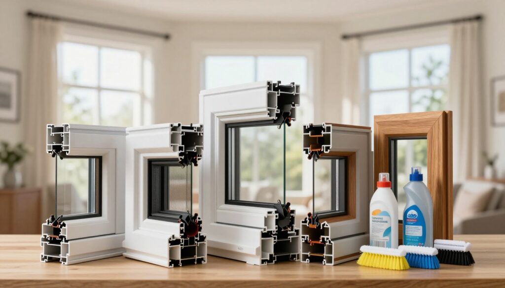 A collection of high-quality window profiles displayed prominently in the foreground, showcasing various styles and materials such as PVC, aluminum, and wood finishes. The profiles should be intricately detailed, emphasizing their durability, design, and energy efficiency features. In the middle ground, include tools and maintenance supplies like cleaning solutions and brushes to represent care and maintenance of windows. The background should depict a well-lit, modern home interior with large windows allowing natural light to flood the space, creating a warm and inviting atmosphere. Use soft, diffused lighting to enhance the details of the window profiles and maintenance tools, evoking a sense of cleanliness and professionalism. The composition should convey a sense of reliability and quality craftsmanship.