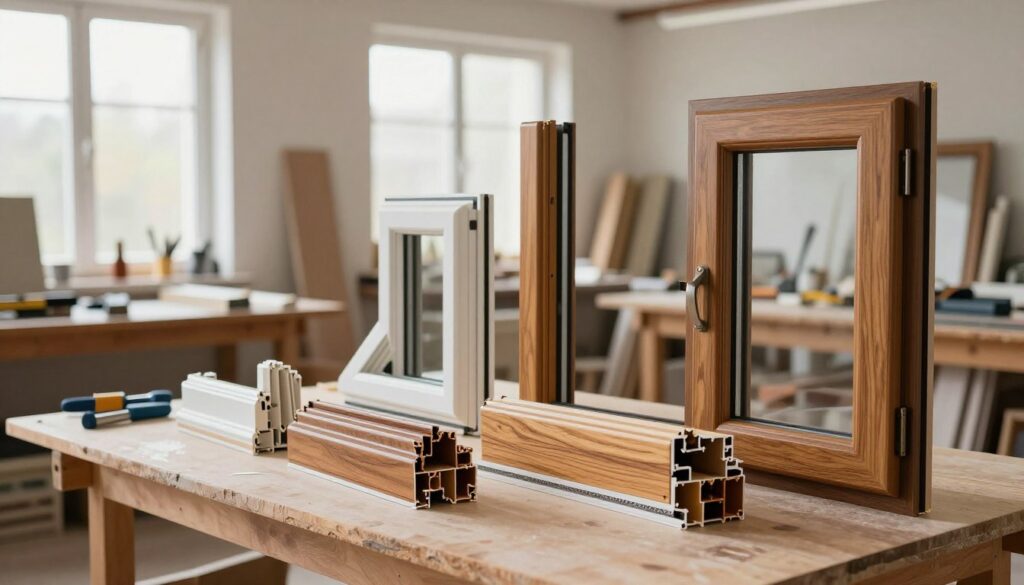 A collection of maßgefertigte Fensterrahmen displayed in a bright, airy workshop. In the foreground, various custom window frames showcase elegant wood grains and intricate designs, highlighting craftsmanship and durability. The middle ground features workbenches with tools and materials, indicating an active production process. In the background, soft natural light filters through large windows, illuminating the space and creating a warm, inviting atmosphere. The scene captures the beauty of bespoke craftsmanship with a focus on details like joints, finishes, and textures. The overall mood is professional and inspiring, emphasizing the importance of quality and aesthetic in window frame selection. The angle should offer a dynamic view, showcasing both the frames and the workspace.