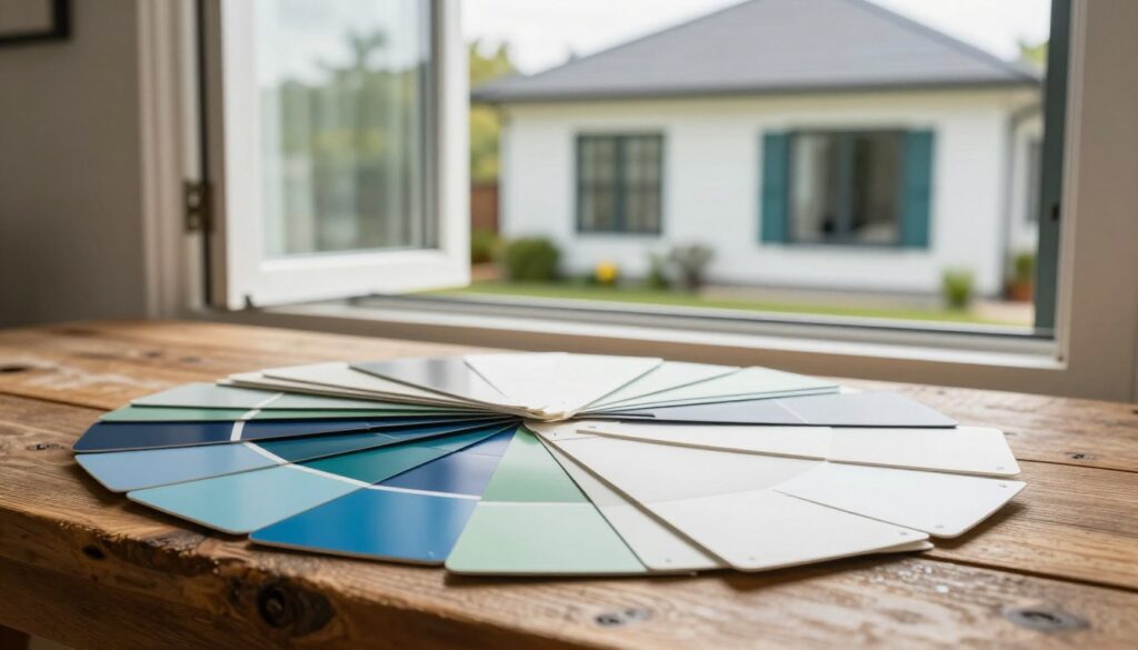 A collection of window color samples displayed on a rustic wooden table, showcasing a variety of hues and finishes. In the foreground, several paint swatches are arranged artistically, including vibrant shades of blue, green, and classic white. The middle ground features an open window, allowing soft, diffused natural light to illuminate the swatches, highlighting their textures. In the background, a well-designed, modern home exterior is softly blurred, suggesting the potential impact of color on window aesthetics. The atmosphere is inviting and creative, emphasizing careful selection, with warm sunlight filtering through and creating a comfortable and inspiring mood. The composition captures the essence of thoughtfully choosing colors for window design, without any human presence in the scene.